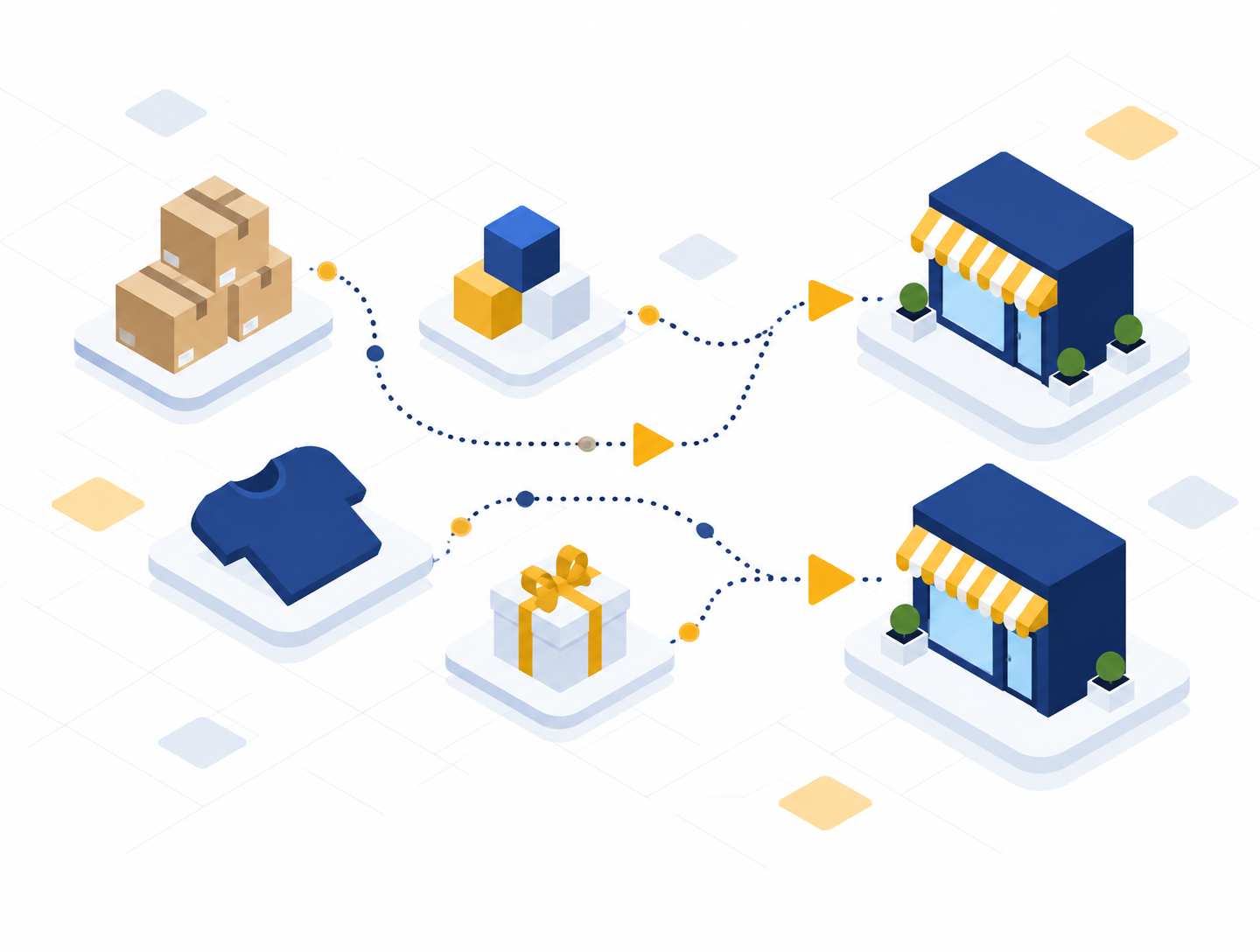 Illustration of wholesale products flowing to retail storefronts